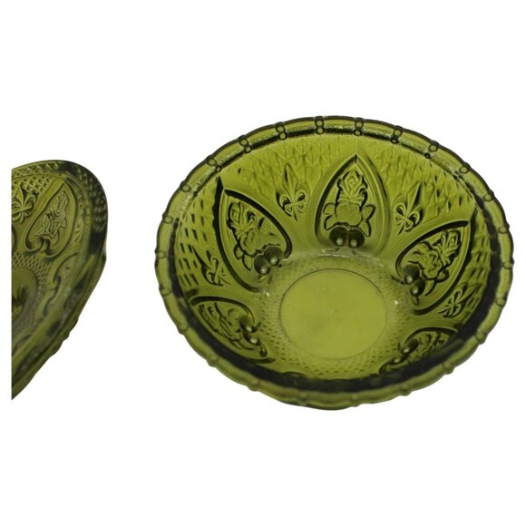 Green Depression Glass Lidded Candy Dish With Intricate Embossed Pattern - Picture 7 of 8